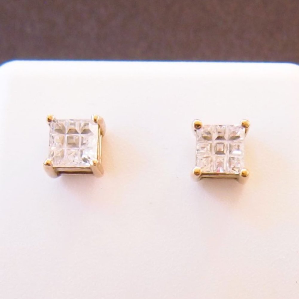 NOS 14 K. Gold Over .925 Sterling Silver Diamond Earring Studs 6mm x 6mm - Picture 3 of 4
